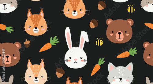 Cute woodland animal face pattern featuring bear, rabbit, squirrel, and wolf heads with carrots on a dark black background.