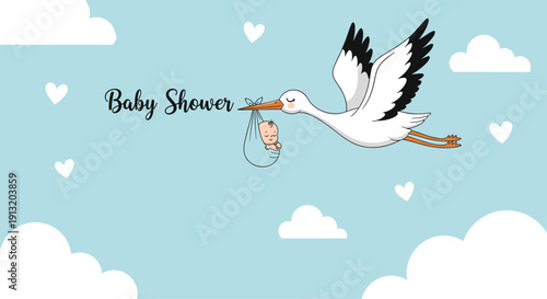Sweet baby shower greeting card illustration with a stork flying through blue clouds carrying a newborn baby in a bundle.