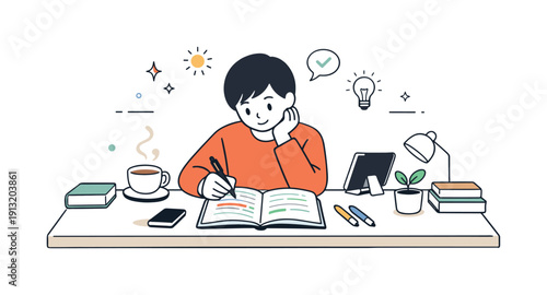 Peaceful home study space. A student reviewing notes with a cup of tea nearby, surrounded by soft light and minimal furniture. The atmosphere