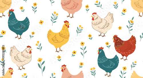 Cheerful farm pattern featuring various breeds of hens and roosters mixed with tiny yellow meadow flowers on white background.