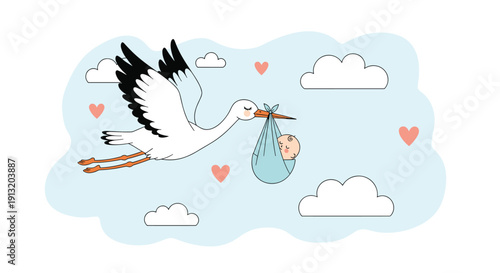 Traditional baby arrival illustration showing a stork flying in the cloudy blue sky carrying a baby in a blue cloth bundle.