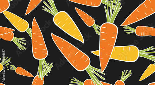 Hand-drawn seamless pattern of vibrant orange and yellow carrots scattered across a dark black background for food design.