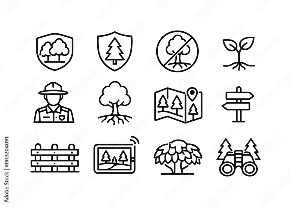 Fototapeta premium Forest Conservation Icons. Forest conservation. Line icon set of forest conservation: protected trees, forest shield, no deforestation sign, tree sapling,