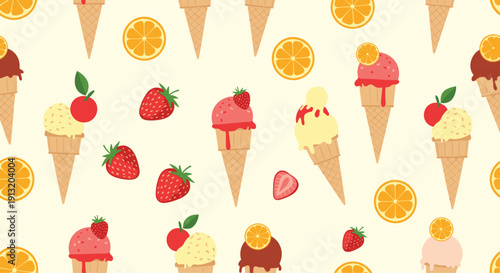 Delicious ice cream pattern featuring various scoops in cones with fruit toppings like strawberries and cherries for summer themes.