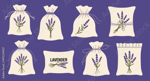 Lavender aromatherapy set with fabric sachets and small pillows filled with dried flowers for relaxation on a purple background.
