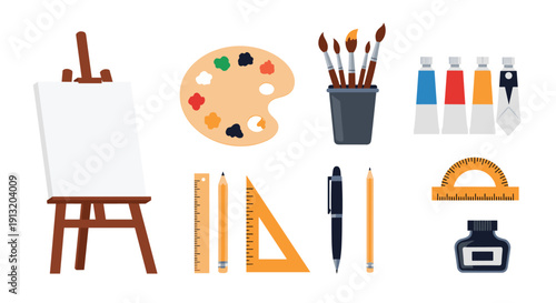 Professional art supplies set including a wooden easel with a blank canvas, paint brushes, a palette, and various drawing tools.