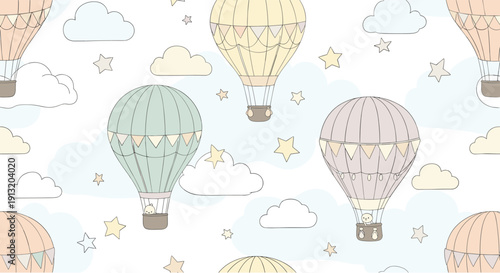 Whimsical hot air balloon pattern with clouds and stars in soft pastel colors for a nursery or children room wallpaper design.