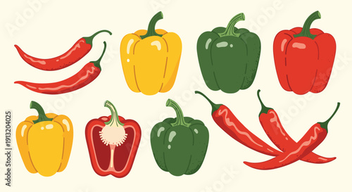Collection of fresh bell peppers in red, yellow, and green colors along with spicy red chili peppers in a flat illustration style.