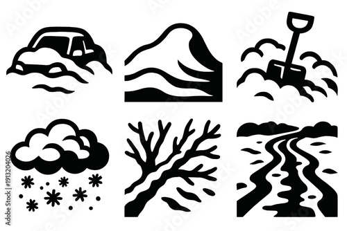 Snowstorm Icons Ensemble. Snowstorm Aftermath silhouette set: buried car, snowdrift, shovel, cloudy sky, tree branch, frozen path.