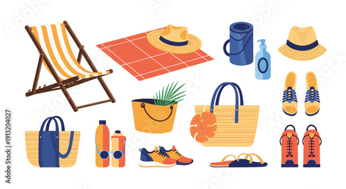 Summer beach accessories set including a folding chair, picnic mat, straw hat, tote bags, sandals, sunscreen, and water bottles.