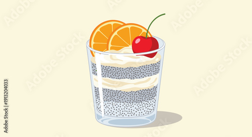 Healthy chia seed pudding served in a glass layered with cream and topped with orange slices and a bright red cherry on a light background.