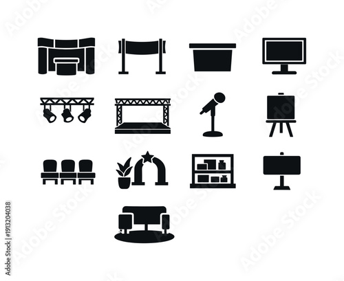 Event Booth Icon Set. Event Booth. Solid icon set of Event Booth: display booth, exhibition banner, counter table, screen display, lighting fixture, stage
