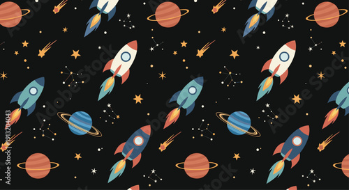 Outer space pattern for children featuring rockets, planets with rings, comets, stars, and constellations on a dark background.
