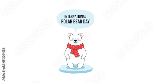 Adorable polar bear wearing a warm red scarf standing on a small ice floe to celebrate International Polar Bear Day awareness.