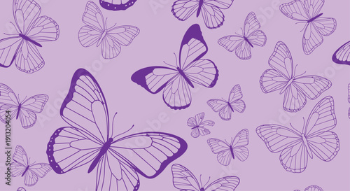 Beautiful purple butterfly pattern with delicate wings and fine details in a seamless repeat design for feminine fashion prints.