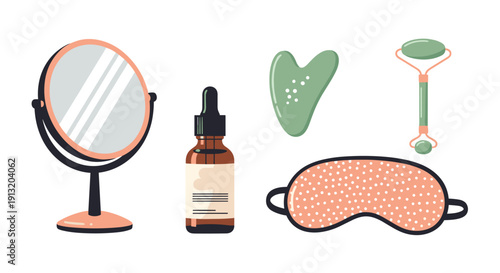 Modern skincare and beauty tools set featuring a vanity mirror, facial serum, gua sha stone, jade roller, and a sleep mask.