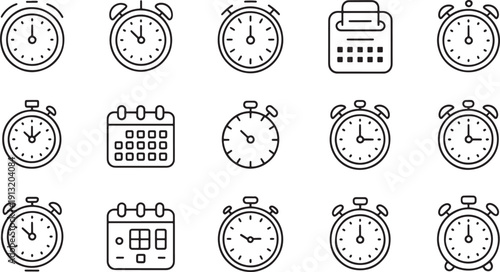 Collection of black and white line art clock calendar and timer icons
