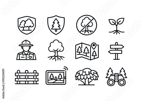Forest Conservation Icons. Forest conservation. Line icon set of forest conservation: protected trees, forest shield, no deforestation sign, tree sapling,