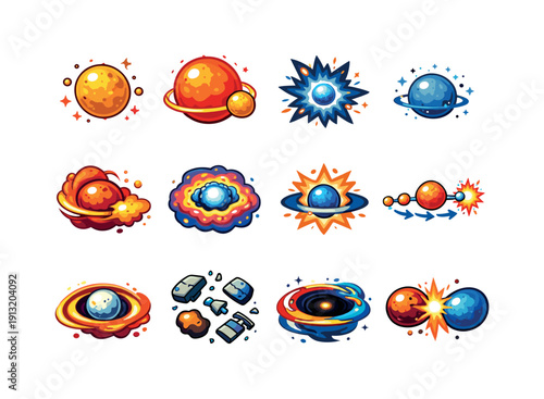 Stellar Life Cycle Icons. Death of stars. Colorful isometric vector icons set of Death of stars: aging star, red giant star, stellar collapse, fading star,