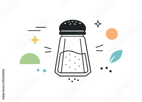 Kitchen essential. A minimal editorial scene with a salt shaker centered and abstract decorative shapes around it. The mood highlights
