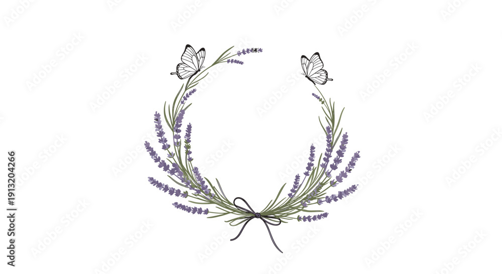 Obraz premium Elegant wreath made of purple lavender stems tied with a black bow and decorated with two delicate white butterflies.