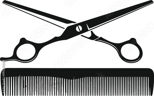 Illustration of hairdressing scissors and comb symbolizing grooming and styling tools for hairstylists and barbers in black and white.
