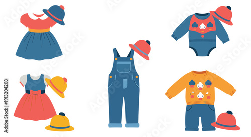 Assortment of cute children clothes including dresses, overalls, sweaters, and hats in primary colors for school or play activities.