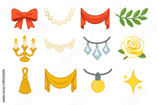 Elegant Festive Icons. Festive Garlands – Classic Elegance flat icons: velvet bow, pearl string, satin ribbon, laurel leaves, candleholder garland, lace trim, crystal ornament,