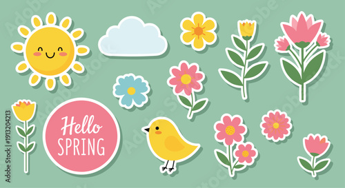 Colorful set of spring-themed stickers featuring a happy sun, clouds, various flowers, a cute yellow bird, and a hello spring label.