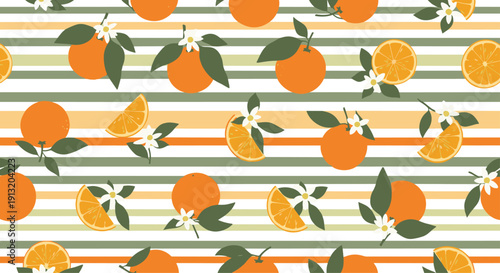 Fresh pattern of whole oranges, slices, and white blossoms on a background of green, yellow, and orange horizontal stripes.