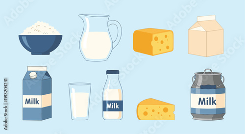 Collection of various dairy products including milk cartons, bottles, glasses, cheese blocks, and cottage cheese in a bowl.