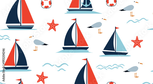 Nautical seamless pattern with red and blue sailboats, seagulls, starfishes, and waves on a white background for marine themes.