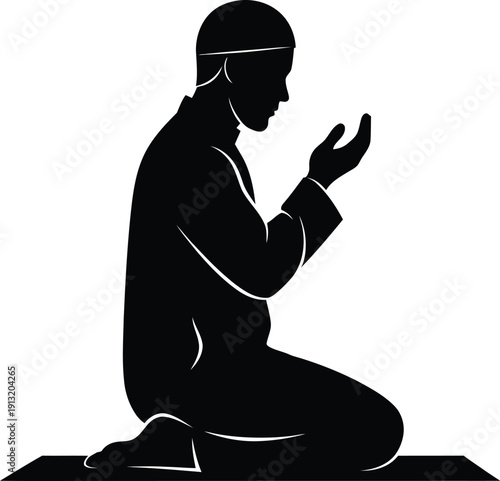 Silhouette of a man kneeling in prayer on a prayer mat with hands raised upwards in a moment of spiritual reflection and devotion to faith.