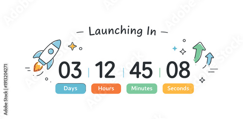 Product launch timer. A bold countdown timer displayed alongside simple rocket or arrow symbols, hinting at progress and momentum. The
