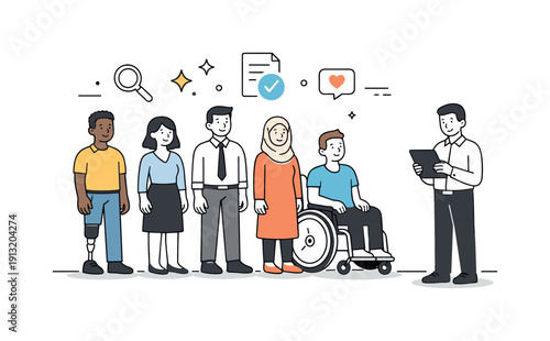 Inclusive hiring practices. A diverse group of candidates standing equally on the same level while a recruiter checks a tablet. The scene