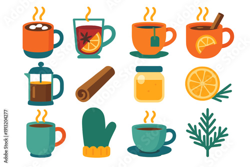 Cozy Winter Drinks. Comfort Beverages Winter Warmth flat icons: hot cocoa, mulled wine, herbal tea, spiced cider, coffee press, cinnamon stick, honey jar, orange slice, mug with