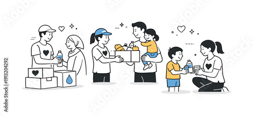 Humanitarian relief work. Volunteers distributing food and water packages to communities, calm gestures and simple symbols of care in the
