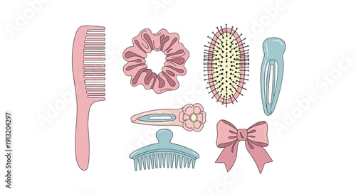 Collection of cute hair accessories for girls including combs, brushes, scrunchies, clips, and a pink bow in pastel colors.