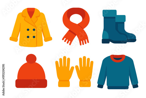 Winter Fashion Icons. Winter Style flat icons: coat, scarf, boots, hat, gloves, sweater.