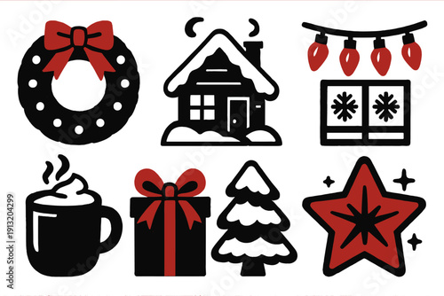 Brutalist Holiday Icons. Holiday Season silhouette set: holiday wreath, winter cabin, frosted window, glowing lights, hot chocolate mug, ribboned gift, snow-covered tree, festive