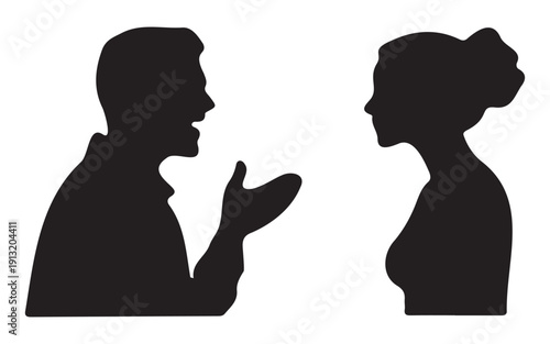 Man and Woman Face to Face Silhouette in Conversation Profile View Design