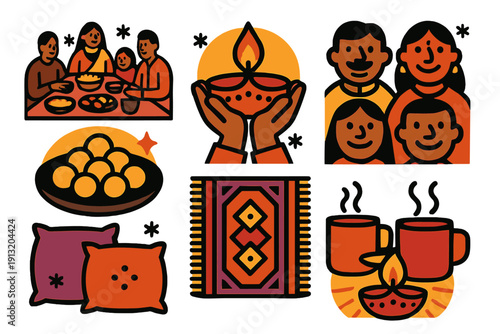 Diwali Celebration Icons. Diwali in Winter Family gathering silhouette set: shared meal, diya lighting, smiling faces, sweets plate, colorful mat, warm drinks, cushions, festive
