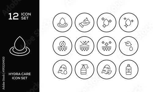 Hydra care skincare line icons set