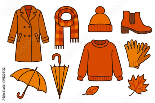 Autumn Wardrobe Icons. Seasonal Wardrobe Autumn layers flat icons: trench coat, plaid scarf, ankle boots, beanie, cozy sweater, umbrella, gloves, falling leaf.