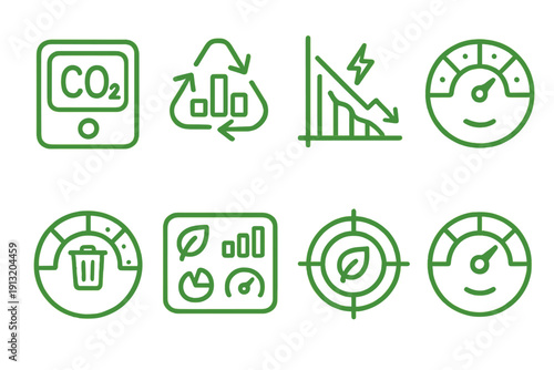 Eco Performance Icons. Green Performance outline icons: CO2 monitor, recycling statistics, energy output chart, air quality index, waste reduction meter, eco dashboard,