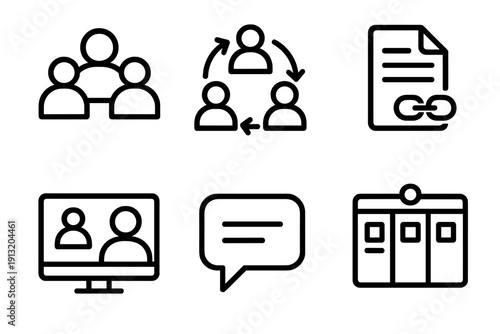 Teamwork Icon Set. Collaborative Learning outline icons: group avatars, teamwork icon, shared file, video meeting, message bubble, project board.