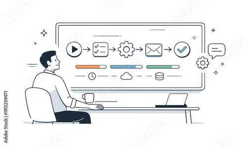 Monitoring automated workflows. A human calmly observes a flow of tasks moving through an automated pipeline on a large screen. Continuous