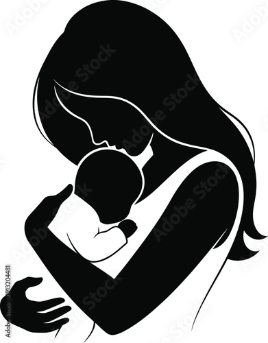 Mother tenderly holding her baby close in a serene embrace symbolizing love and nurturing care for her child with a simple yet powerful silhouette design.