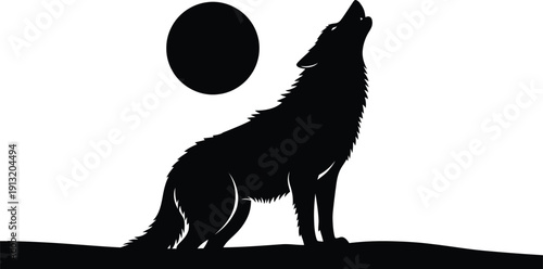 Silhouette of a wolf howling at the full moon perfectly capturing the wild and mysterious nature of the animal in a simple yet striking black and white illustration.