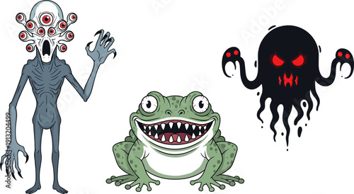 Cartoon monsters illustration, creepy fantasy creatures with claws eyes and ghostly forms, horror artwork concept, spooky design, eerie cartoon style drawing